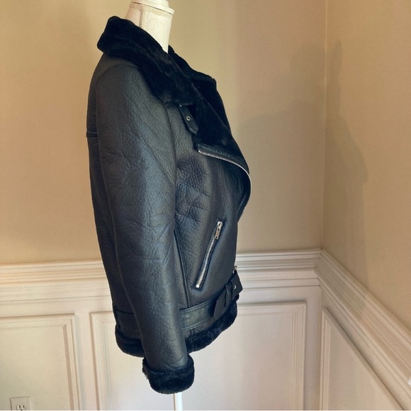 ZARA Black Faux Leather Fur Funnel Neck Moto Aviator Jacket Coat - Picture 3 of 16